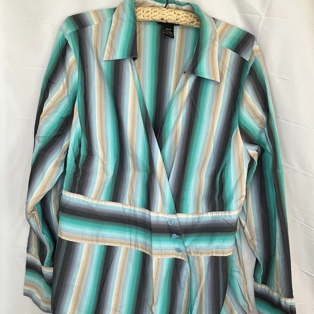 LANE BRYANT Blouse Women's Size 18/20 Long Sleeve Striped Wrap Button Front 2X